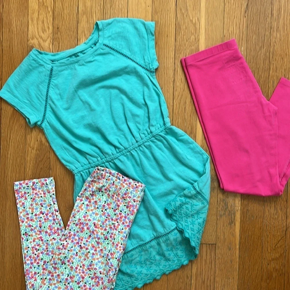 Size 7 Girls 3 pc. Summer Cotton Play Dress and Leggings Stretch Pants Set